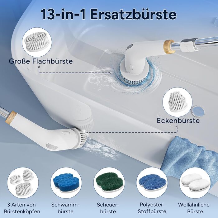 13-in-1 Electric Cleaning Brush with Extension Handle, Bathroom Accessory Set with 11 Interchangeable Brushes for Toilet, Bathtub, Kitchen, Floor (Ivory White)