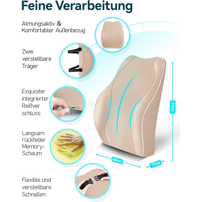Подушка для спини Ergonomisches RückenKissen Travel Ease з Memory Foam, для офісного та комп'ютерного крісла, з антистатичним, приємним до шкіри чохлом, для зручної постави