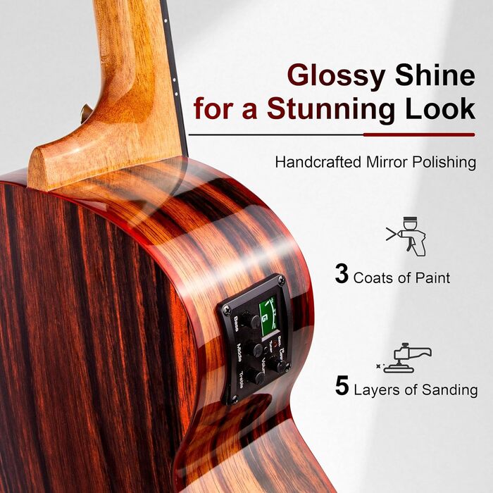 Гуталеле Caramel GEG95 з бокоте, глянцеве покриття | Акустична та електрогітара з аксесуарами для подорожей | 30' Baritone, чорне ебоні | Професійний набір, ручної роботи