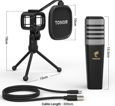 USB мікрофон TONOR TC30 з ниркової характеристики, для комп'ютера, стрімінгу, подкастингу та запису голосу. Комплект: стійка, поп-фільтр, мікрофонна павутина