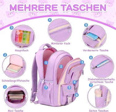 Рюкзак шкільний Sisipoet для дівчинки, легкий, водонепроникний, з багатьма відділеннями, для початкової та середньої школи (5-12 років), фіолетово-білий