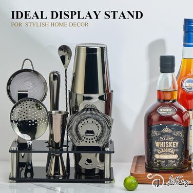 Boston Shaker Set – 10-Piece Stainless Steel Cocktail Shaker Set with Acrylic Base, Hawthorne Strainer, Ice Tongs, Bar Spoon, Jigger, Muddler – Perfect for the Home Bar (Black)