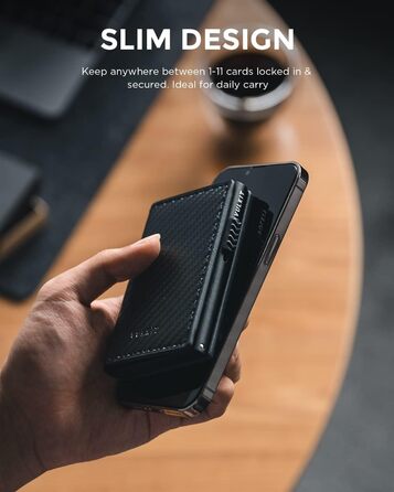 VULKIT Картхолдер Pop-up RFID захист. Шкіряний картник для 11 карток та купюр. Чорний карбон