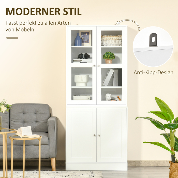 HOMCOM 178.5 cm Tall Bookshelf Display Cabinet with Glass Door, 6 Compartments, Kitchen Cabinet for Living Room, Kitchen - White | Aosom