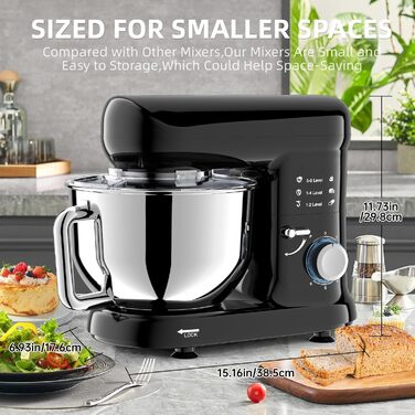 Кухонна машина-міксер з чашею 6.5л з нержавіючої сталі, 2000W, 6 швидкостей, для тіста та міксування, з набором насадок (вічорник, гак для тіста, вінчик) та захистом від бризок, чорна