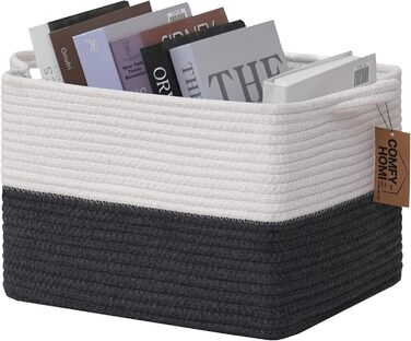 Woven cotton rope basket with handles for shelves, toys, books, fabric storage baskets for organizing, 34 x 28 x 24 cm, decorative storage basket for living room, bathroom