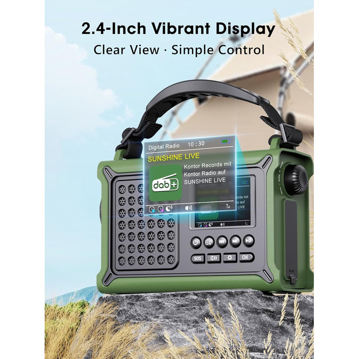 ROCAM Портативне радіо DAB+ з Bluetooth, 12000mAh, радіо з ручкою, сонячна панель 8500мм², 650mA, DAB/UKW, 2.4' дисплей, 80 станцій, LED ліхтарик, USB, SOS, IPX6, для надзвичайних ситуацій, зелене