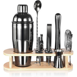Набір для коктейлів з бамбуковим стійкою, 750 мл, 12 предметів. Професійний набір бармена з нержавіючої сталі для приготування коктейлів, з рецептами (сірий)