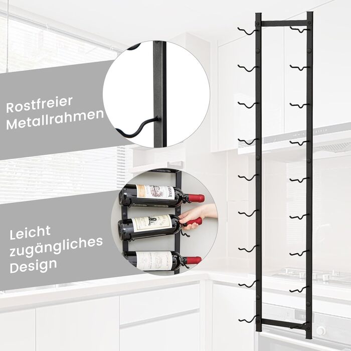 Стильна полиця для вина COSTWAY на стіну, металева, чорна, на 9 пляшок