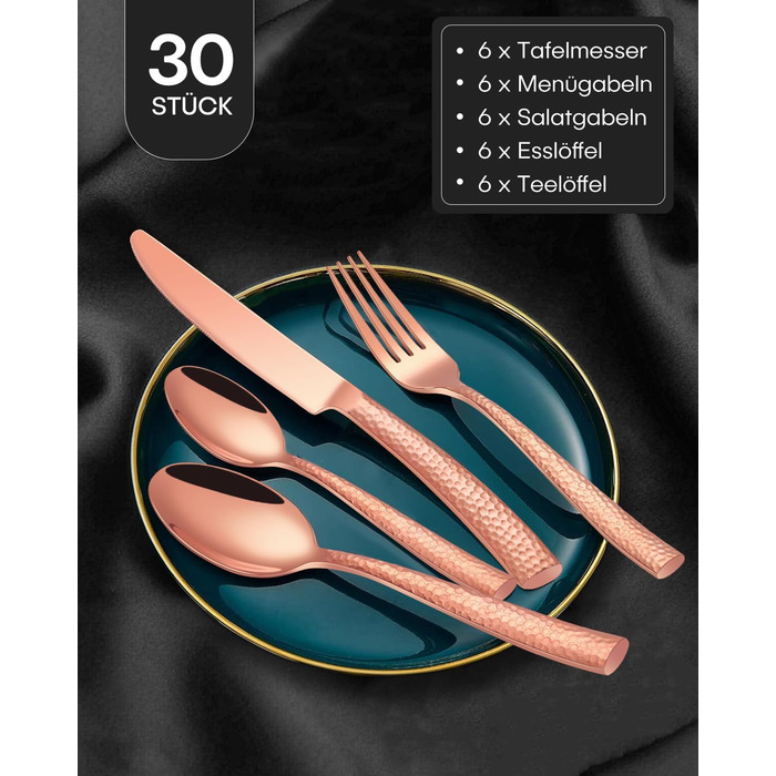 30-Piece Flatware Set, 6 People, Roségold, Thickened Stainless Steel Cutlery Set with Hammered Handle, Dinner Cutlery Set with Knife, Fork, Spoon, Mirror Polished, Dishwasher Safe