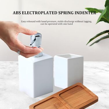 Bathroom Accessories, 3-in-1 Bathroom Set, Soap Dispenser, Ceramic Toothbrush Holder, and Bamboo Tray, Ceramic Material, White, for Bathroom, Sink, Bathtub, Reusable Shampoo