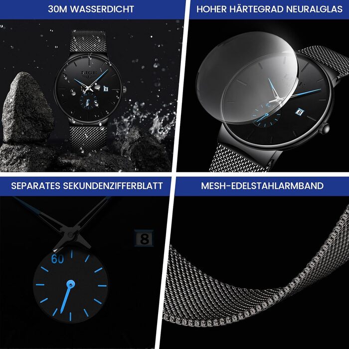 Годинник чоловічий LIGE Retro з нержавіючої сталі, водонепроникні, аналогові, кварцові, з датою, стильні, для бізнесу та повсякденного носіння, чорний / синій