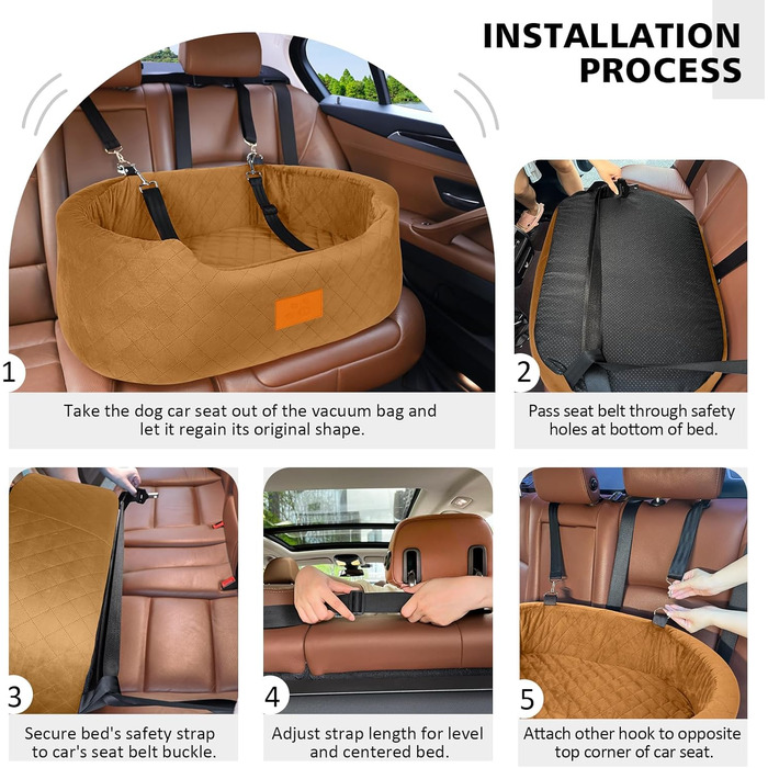 Dog Car Seat for Medium/Large Dogs (Up to 25kg) or 2 Small Dogs - with Safety Leashes & Washable Cushion - Rear Seat (Coffee Color)