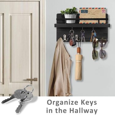 Настінна вішалка для ключів на 5 гачків, дерев'яна дошка для ключів з полицею, настінний органайзер для ключів, рустикальна вішалка для ключів, органайзер для ключів, декор для дому (чорний)