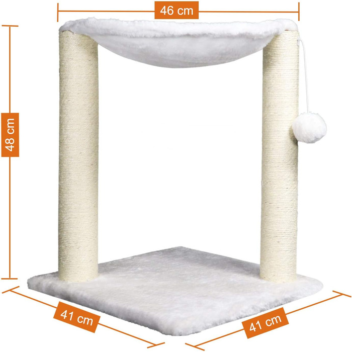 Дерев'яний когтеточка для котів Kratzbaum з будиночком, гамаком, ліжком та когтеточками, 41 x 48 x 41 см, білий, обмотаний сизалем, з іграшкою на шнурку