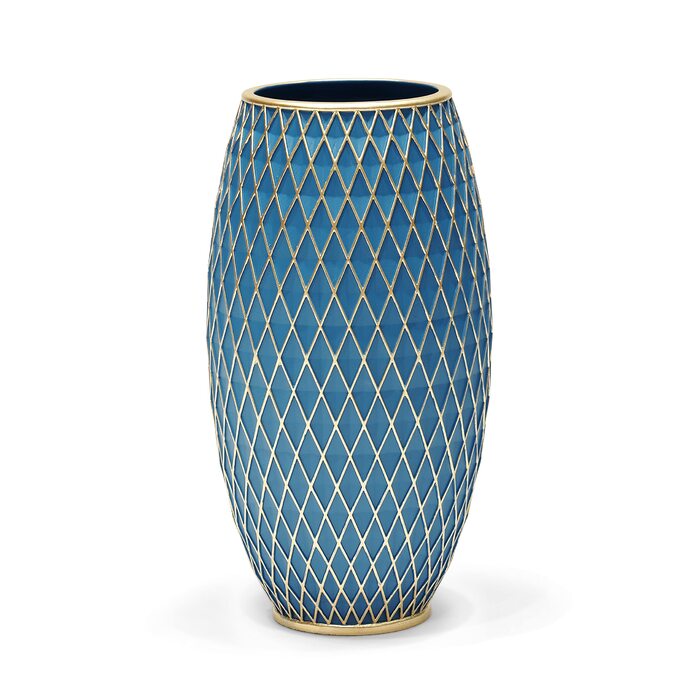 Декоративна ваза для дому, блакитно-золота, з діамантовим візерунком, овальна | Декор інтер'єру, подарунок на новосілля