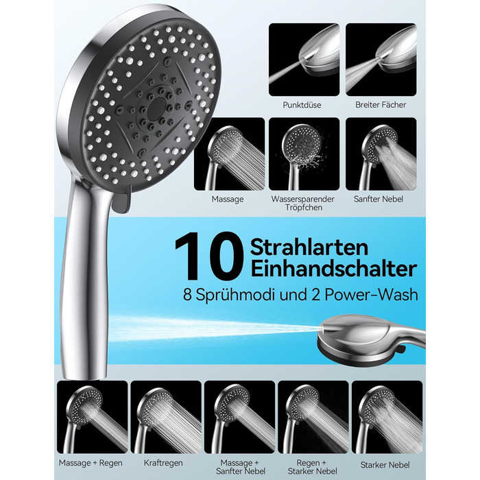 Насадка для душу VOXON з 10 режимами, високий тиск, економія води, для чищення ванни та плитки