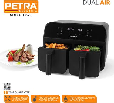 Фритюрниця з гарячим повітрям Petra PT4750BLKVDE, подвійна, 7,4 л, 2400 Вт, 2 антипригарні кошики, 6 програм, чорна