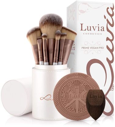 Luvia Prime Vegan Pro Makeup Brush Set - 12 Brushes, Blender Sponge, Cleaning Mat - Pearl & Coffee