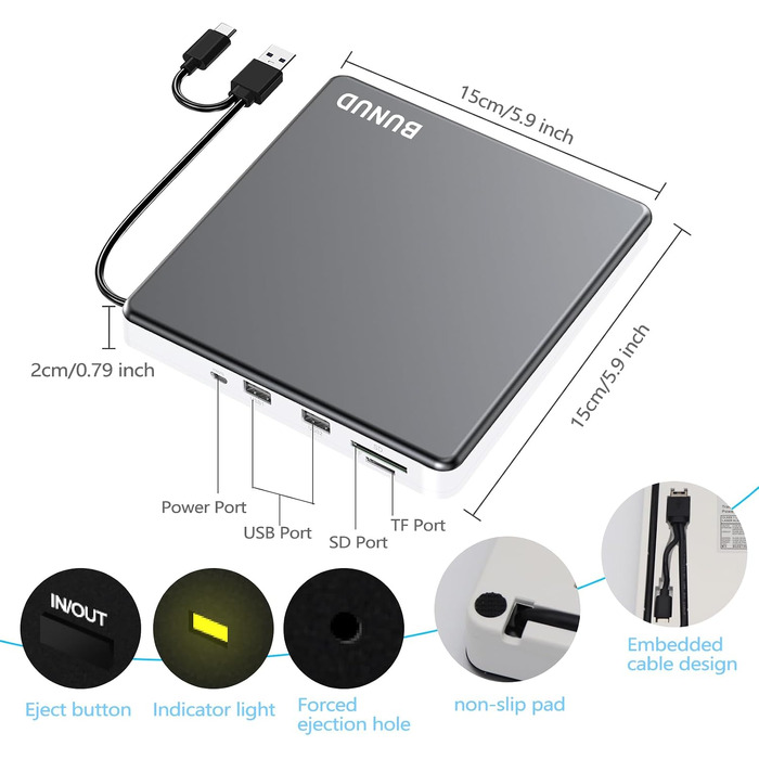 Зовнішній CD/DVD привід BUNUD USB 3.0 та Type-C, портативний DVD-брунер з картридером SD/TF та 2 USB-портами для ноутбука, PC, iMac, Windows та macOS, сіро-білий