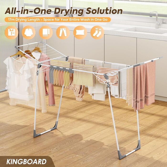 Сушарка для білизни KINGBOARD розкладна велика, крилатий сушарка висувна 174x97x156 см, стійка сушарка з антиковзними ніжками для дому та вулиці, біла
