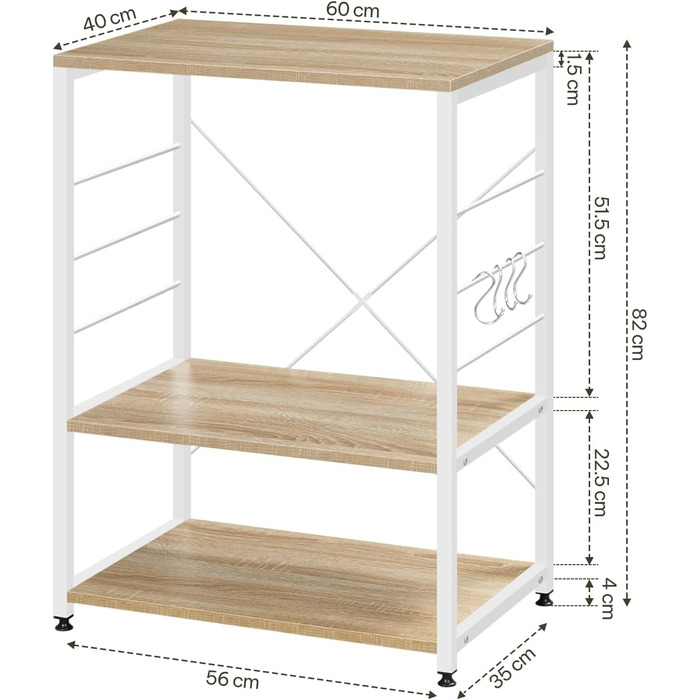 Kitchen Shelf, Microwave Shelf with 4 Hooks, Baking Shelf with 3 Tiers, Storage Shelf for Kitchen, Cafe, Living Room, Bathroom, 60 x 82 x 40 cm, Light Oak + White