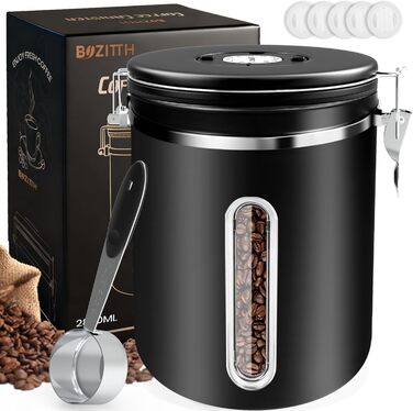 Герметичний контейнер для кави 1 кг: нержавіюча сталь, вікно, датчик дати, мірна ложка 30 мл, CO₂-вентиль, для кавових зерен, чаю, цукру