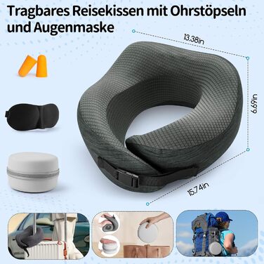 Подушка для шиї у літак, подорожі: Memory Foam, регульована, компактна, з чохлом, навушники, маска для сну (темно-сірий)