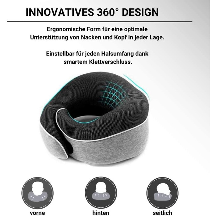 AIRTH® Подушка для шиї з піною Memory Foam 360° з кріпленням на липучці - Ергономічна підтримка шиї з знімним чохлом для максимального комфорту та відпочинку (Світло-сіра)