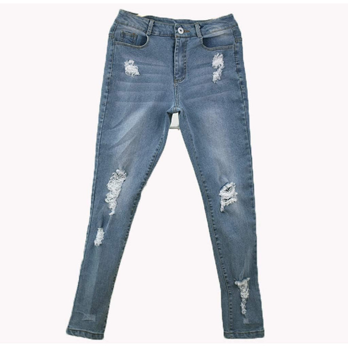 Джинси жіночі стрейч Slim з потертостями та високою талією, блакитні. Модні вузькі джинси Streetwear