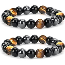 Браслет з тигровим оком, чорним турмаліном, обсидіаном та гематитом. Захисний браслет для чоловіків та жінок. Подарунок для друзів, чоловіка, батька (еластичний)