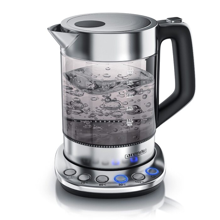 Електричний чайник Arendo з регулюванням температури, 1.5 л, скло, нержавіюча сталь, підтримання тепла 30 хв, Borosilikatglas, сучасний дизайн