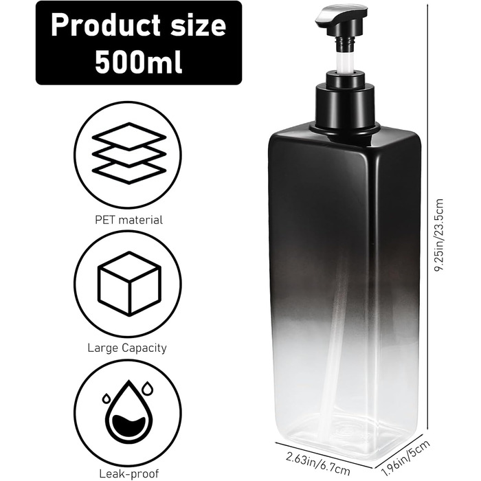4 флакони для шампуню, мила та гелю для душу, 500 мл, з дозатором, наклейки, градієнт чорного кольору