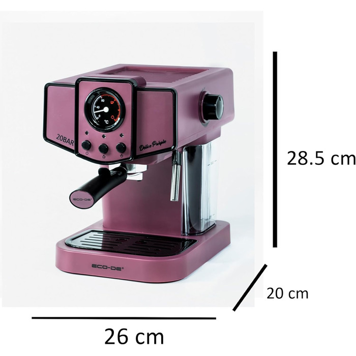 ECODE® Espresso Machine Delice Black, 20 Bar Pressure, Swivel Vaporizer - Machine with 1.5 L Tank, Milk Frother, Single/Double Dosage, Manometer with Temperature - Coffee Machine (Purple)