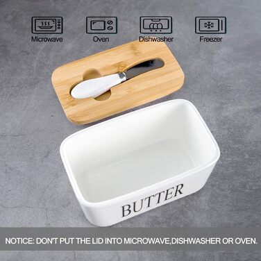 Butter dish with lid and knife, 650 ml, large ceramic butter dish, double silicone seals, butter dish for storing homemade butter, nuts and cheese