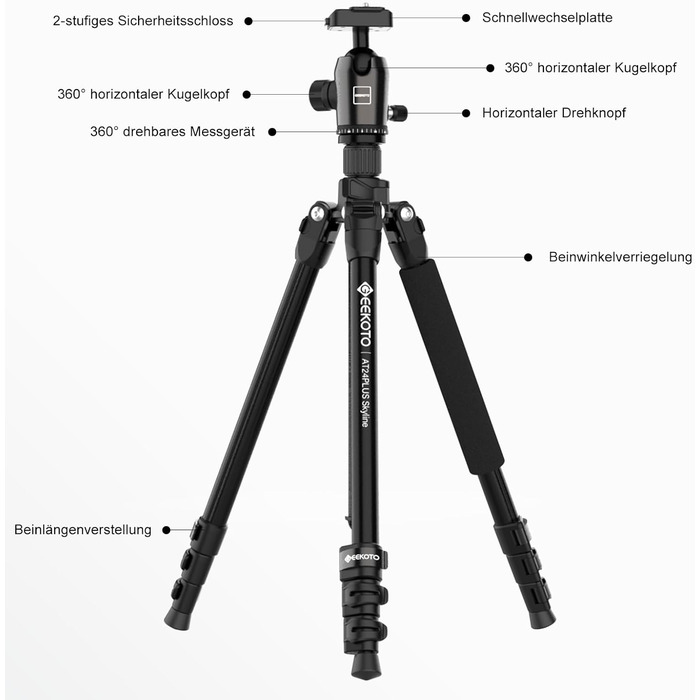 Штатив для камери GEEKOTO 77” з моноподом, 360° поворотним кріпленням, 1/4” гвинт та сумкою для камери, чорний (DE-AT24Plus-B)