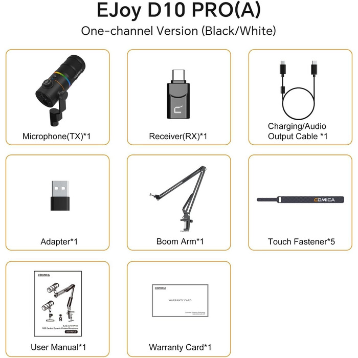 Мікрофон Comica D10 Pro A (чорний) з підсвічуванням RGB та пружинним кріпленням для стрімінгу, геймінгу, TikTok, подкастів та запису звуку. Сумісний з PC, Smartphone, Computer, Mac, PS4/5