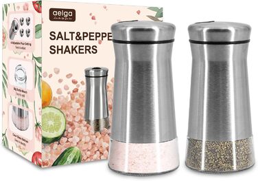 Aelga Salt and Pepper Shakers with Adjustable Pouring Holes, Elegant Stainless Steel Salt Shakers - 2 Piece Salt Spender for Himalayan, Kosher, and Sea Salt