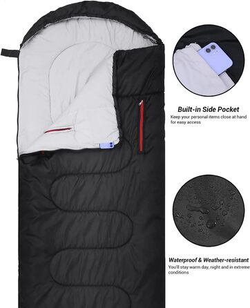 3-4 Season Sleeping Bag - Waterproof & Lightweight Sleeping Bag for Camping, Travel & Outdoor Activities - Ideal for Adults - 220 x 84 cm - 1.9KG - Black