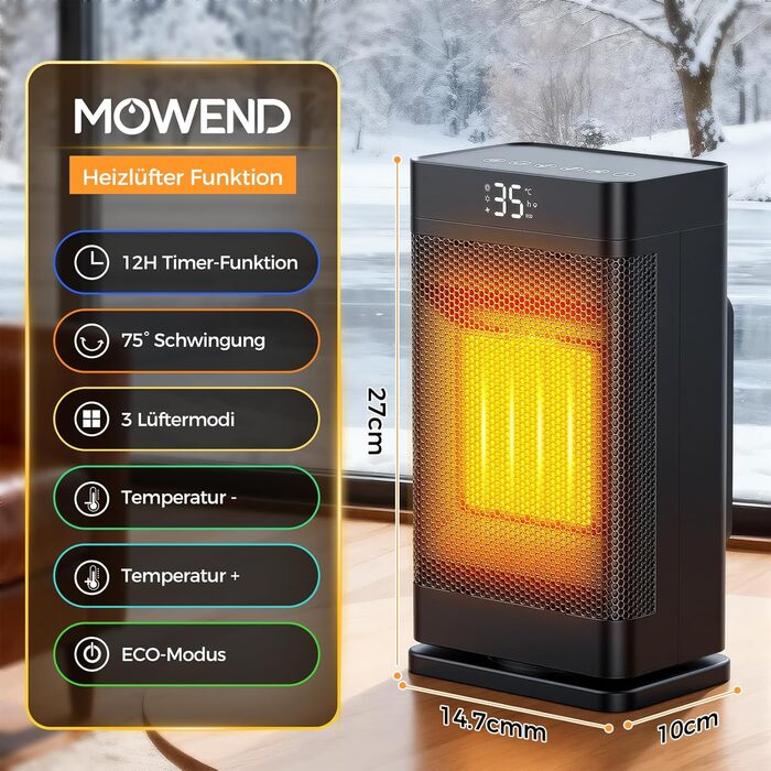 Керамічний електронагрівач 1500W з термостатом, PTC-керамічний нагрівач, ECO-режим, захист від перегріву та перекидання, 75° коливання, 2-в-1 енергозберігаючий нагрівач для дому, чорний