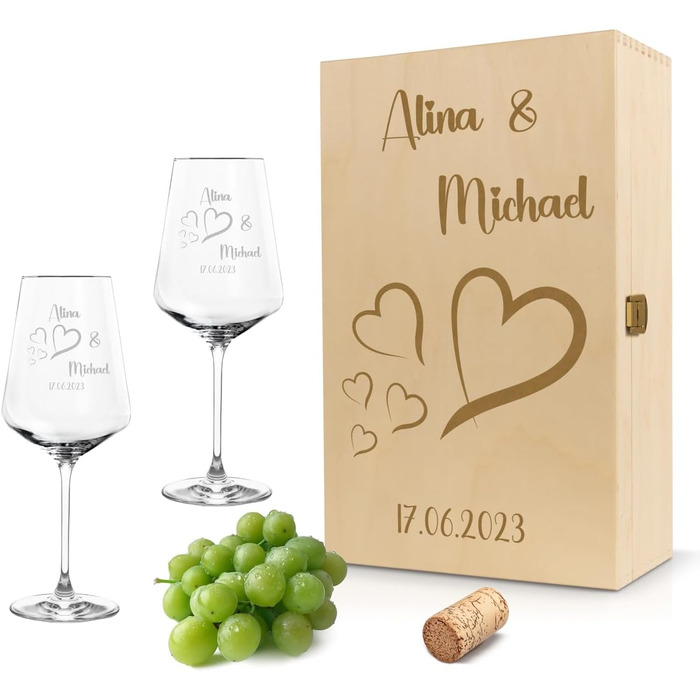 Leonardo Wine Glasses Set of 2 with Wooden Box and Engraving for Him & Her. Only Love Matters. Personalized with Name & Date. Heart-Shaped Glass Leonardo Puccini 560ml