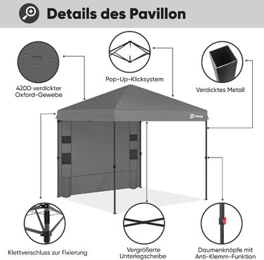 Sekey One-Touch Pop-Up Pavilion 3x3 Waterproof, Winter-Proof, Foldable 3x3m Pavilion with Thickened Tubes, Party Tent Pavilion for Camping, Festival, Party (Gray, with Back Wall)
