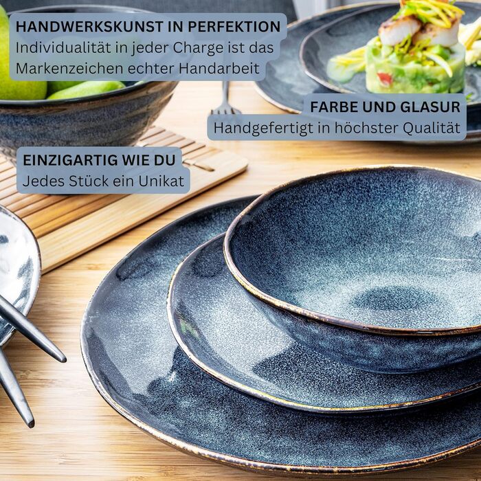 Singer | Tokio 24-Piece Dinnerware Set, Tableware Set for 8 People, Stoneware Tableware Set, Dinnerware, Modern Handmade, Dark Blue Dinner Service with Black Accents | PREMIUM COLLECTION