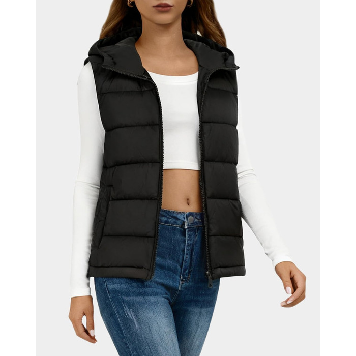 Жіноча жилетка короткої моделі, елегантна безрукавка, тепла зимова куртка з капюшоном, легка степна жилетка, чорний колір, розмір M