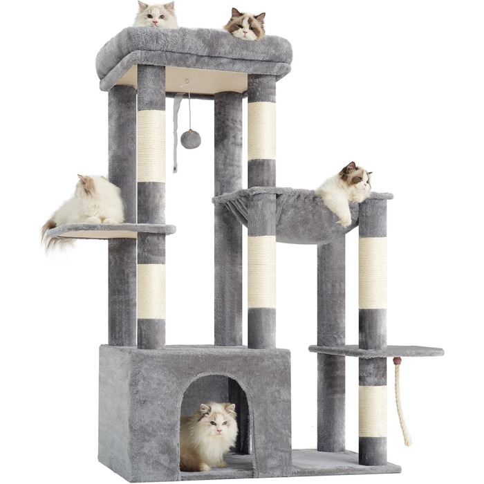 Дерев'яний будиночок для котів Heybly Kratzbaum 120см - великий котячий комплекс з міцною основою, багатоярусні м'які меблі, когтеточка, гамак та іграшка, сірий HCT026W