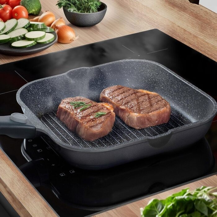 Сковорода гриль STONELINE Smart 28 см з антипригарним покриттям, алюмінієвий литий, зі знімною ручкою, для всіх плит (індукція), сіра