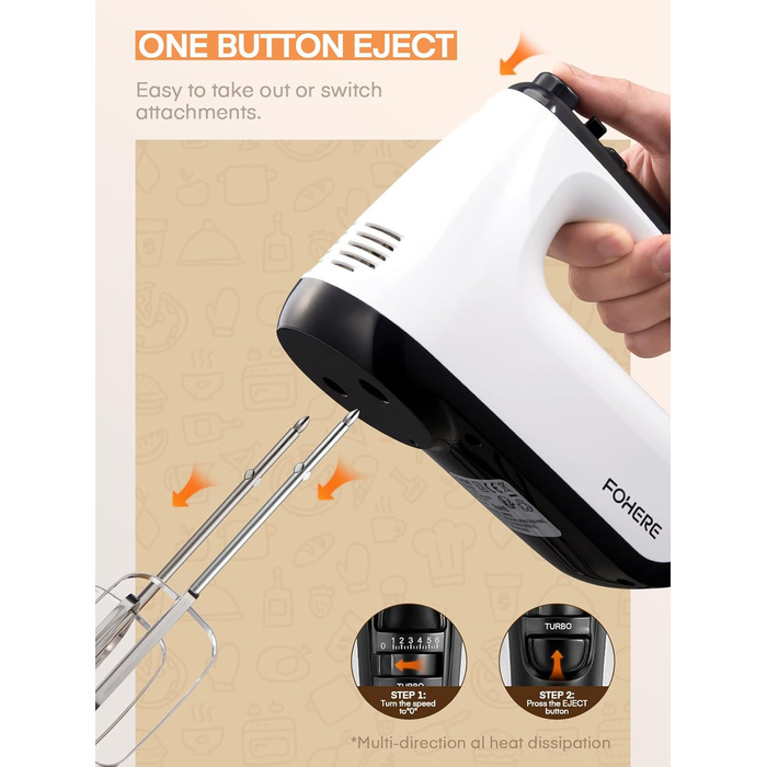 Електричний ручний міксер 400 Вт з 6 швидкостями та Turbo Boost, з набором аксесуарів, нержавіюча сталь, білий