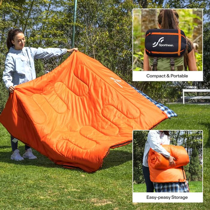 Сплячий мішок Outdoor Sportneer для 2 осіб, 3 сезони, 220x150 см, 2.75 кг, з 2 подушками, для дорослих, оранжевий (без фланелевої підкладки)