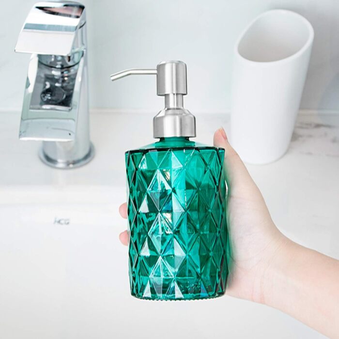 Дозатор для мила Ekirlin зі скла, 340 мл, для кухні та ванної кімнати, з нержавіючою сталевою помпою, підходить для мила, олій, шампуню (темно-сірий, зелений)
