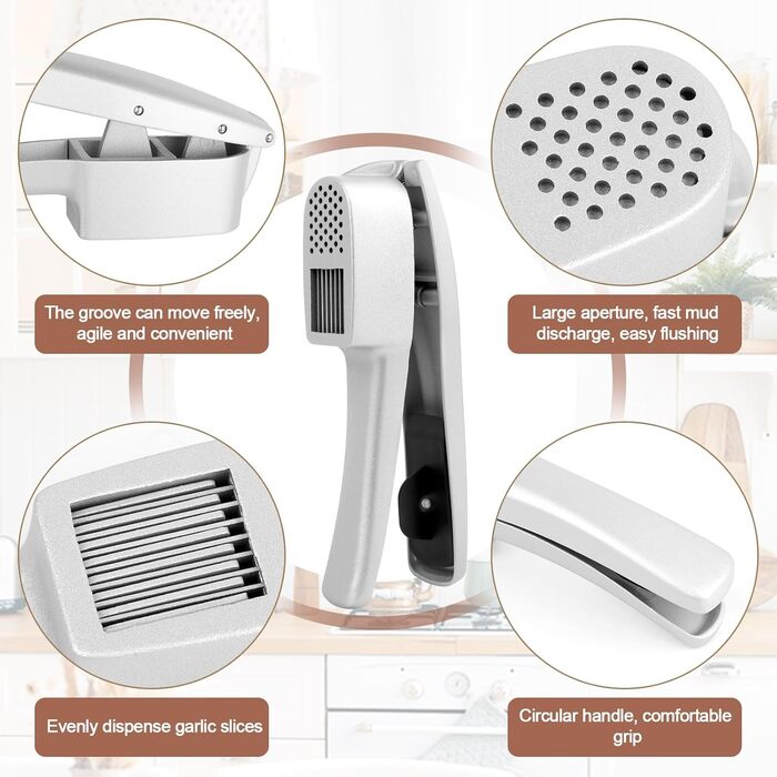 Прес для часнику з нержавіючої сталі 2-в-1, подрібнювач та шинковка часнику та імбиру, прес для часнику, ручний, легкий у чищенні, сумісний з посудомийною машиною, міцний, срібний